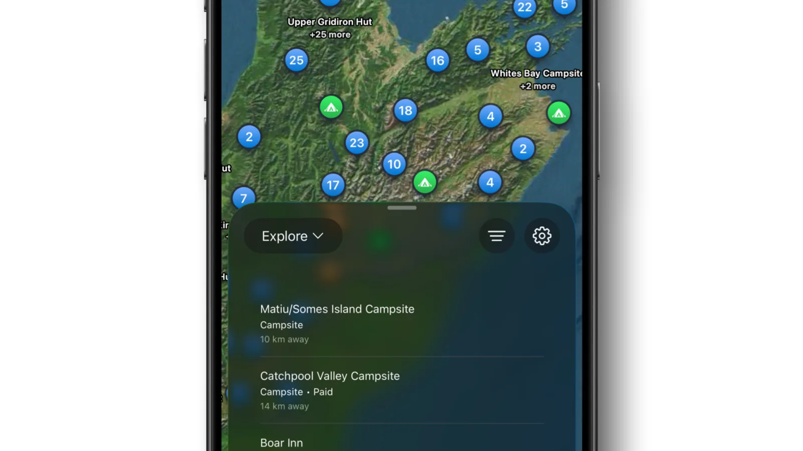 KiwiCamping trip planner on an iPhone