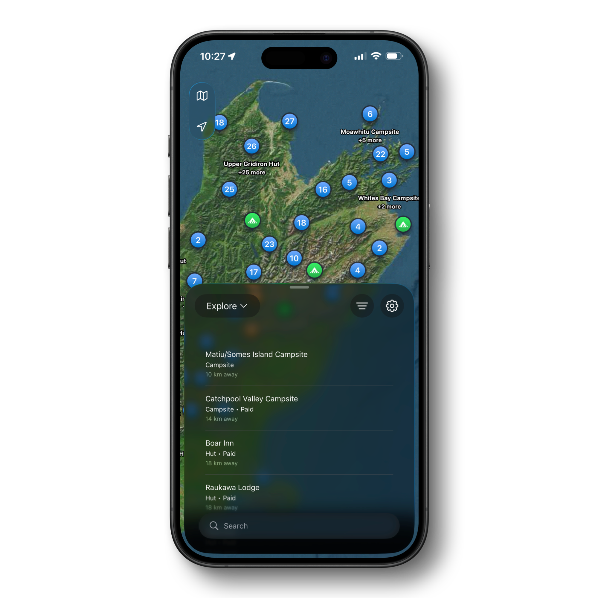 Offline New Zealand camping map highlighting campsites and huts