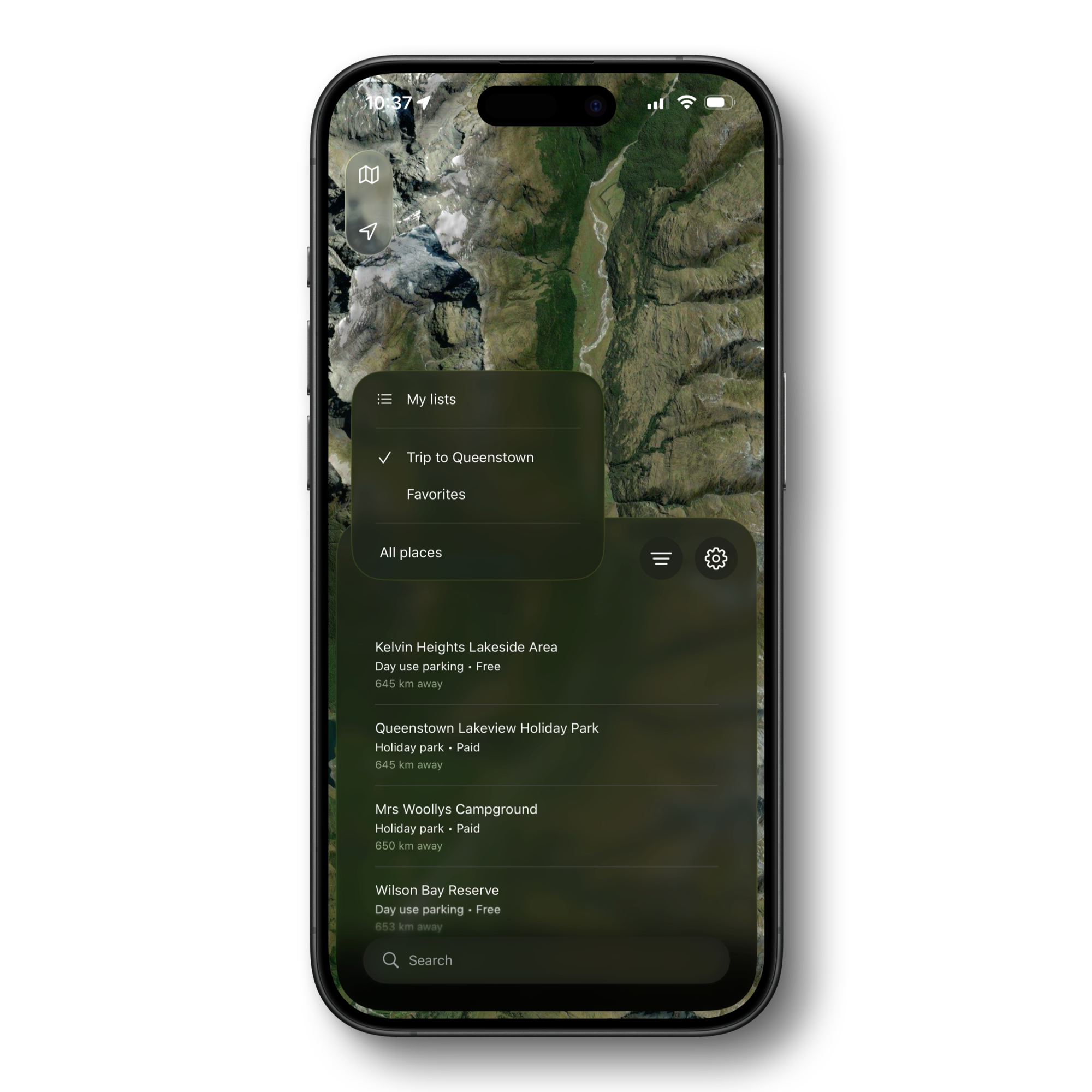 Trip planner showing a campervan itinerary across New Zealand